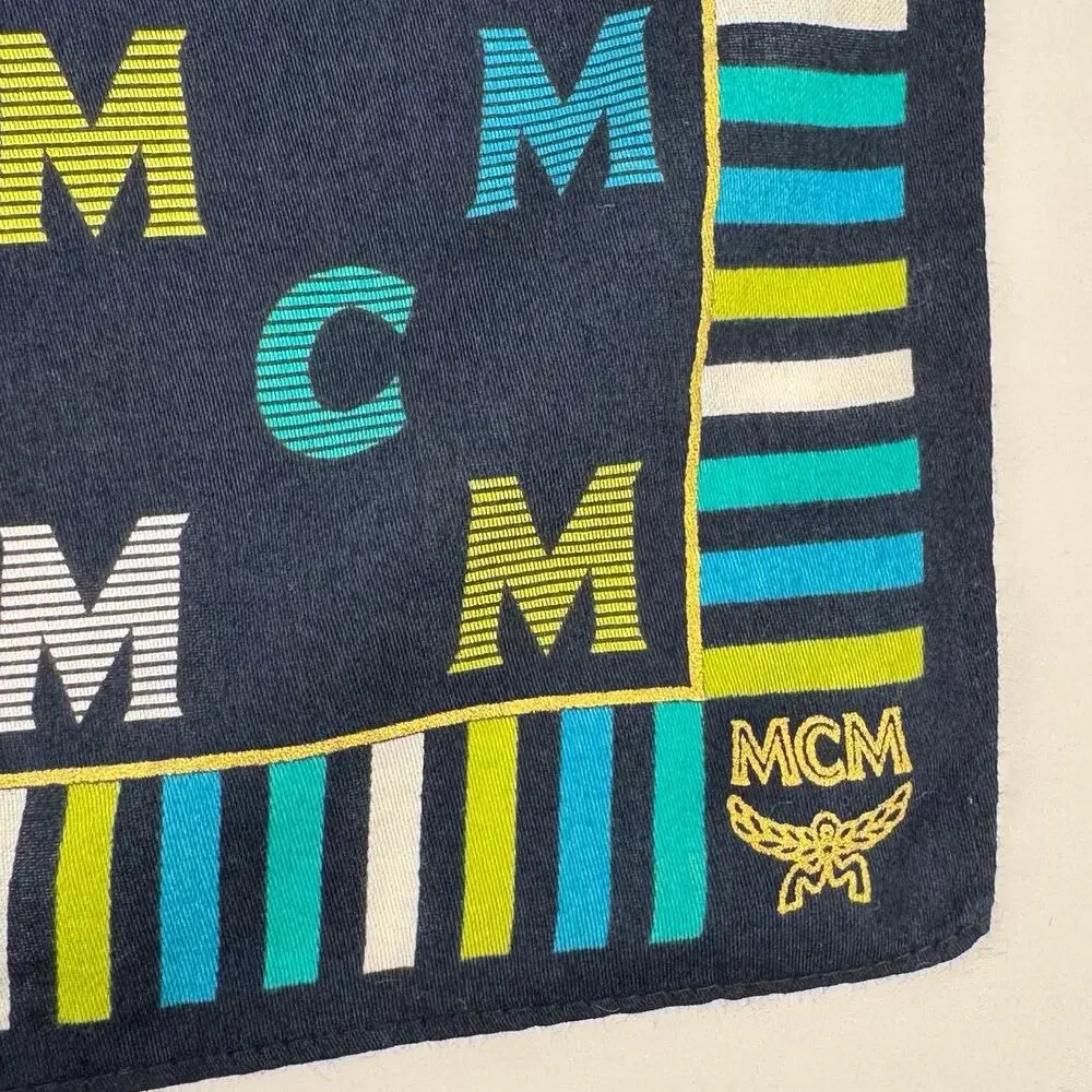 MCM Green Blue Striped Logo Square Accessories Scarf Lightweight Preppy Academia